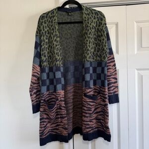 Jessica Simpson Open Front Cardigan Sweater Animal Print Checkered Size Small